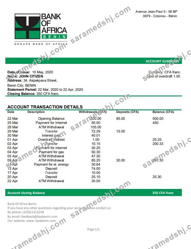 Benin Bank of Africa bank statement